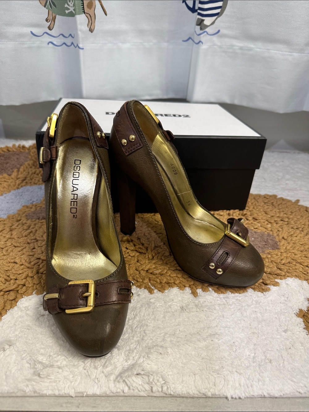 DSQUARED2 Brown Leather Buckle Pumps with Gold Accents